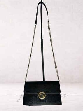 Gucci Black Pebbled Leather Crossbody Bag with Gold Double G Emblem